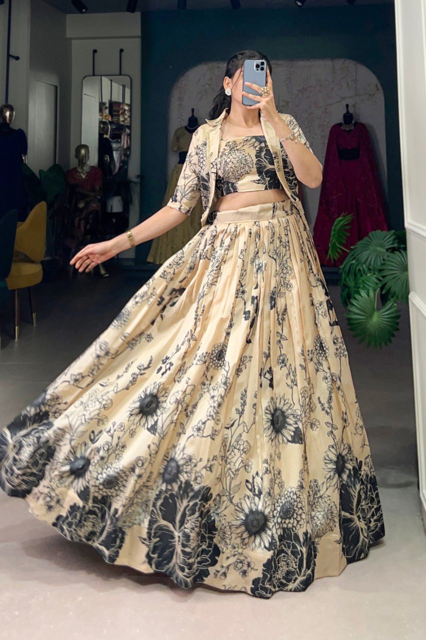 Tussar Silk Three Piece Crop top with Lehenga
