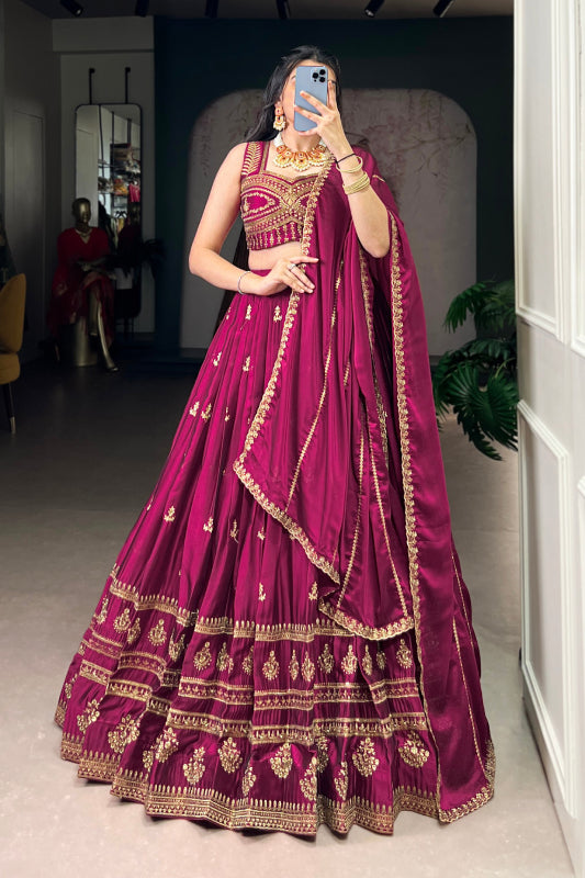 This Rangoli lehenga features exquisite embroidery work