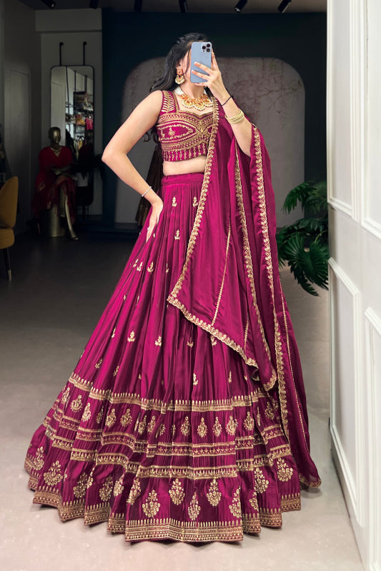 This Rangoli lehenga features exquisite embroidery work