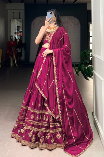 This Rangoli lehenga features exquisite embroidery work