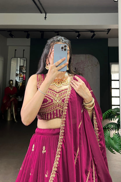 This Rangoli lehenga features exquisite embroidery work