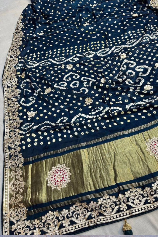 Gaji Silk Original Bandhani With Gota Pati Hand Work Saree