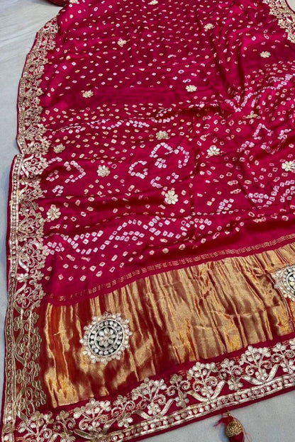 Gaji Silk Original Bandhani With Gota Pati Hand Work Saree