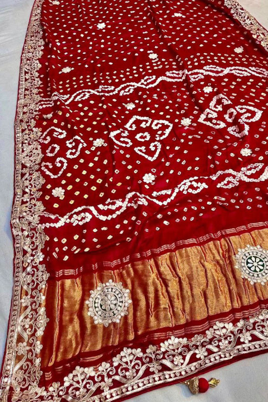 Gaji Silk Original Bandhani With Gota Pati Hand Work Saree
