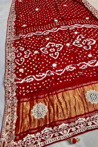 Gaji Silk Original Bandhani With Gota Pati Hand Work Saree