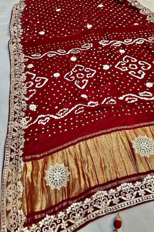 Gaji Silk Original Bandhani With Gota Pati Hand Work Saree