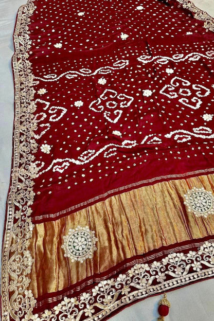 Gaji Silk Original Bandhani With Gota Pati Hand Work Saree
