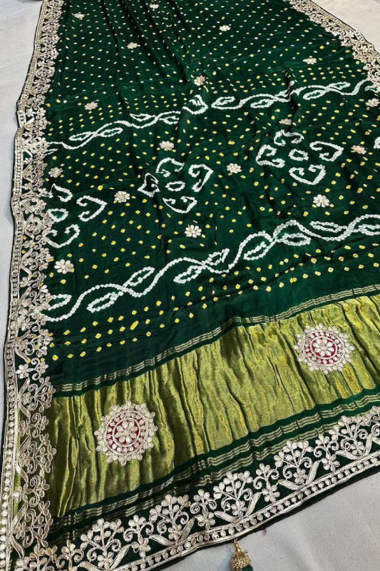Gaji Silk Original Bandhani With Gota Pati Hand Work Saree