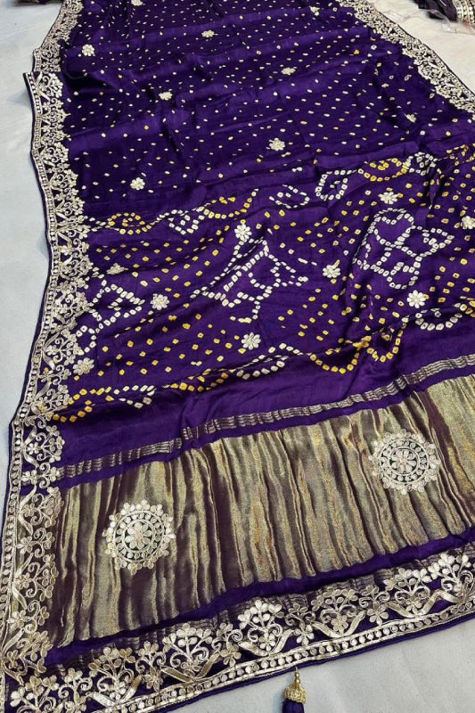 Gaji Silk Original Bandhani With Gota Pati Hand Work Saree