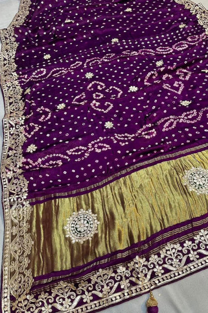 Gaji Silk Original Bandhani With Gota Pati Hand Work Saree