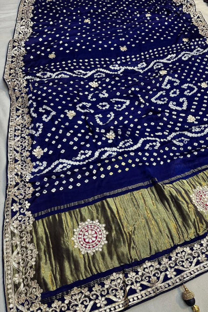 Gaji Silk Original Bandhani With Gota Pati Hand Work Saree