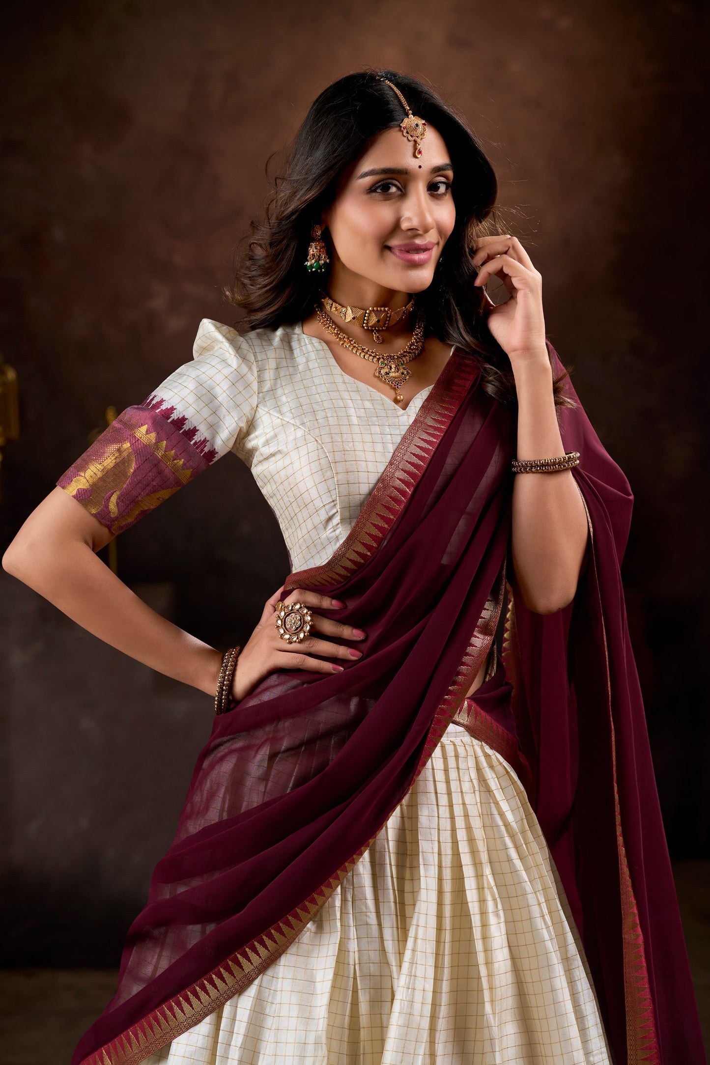 Elegant Ivory & Maroon Traditional Lehenga Set