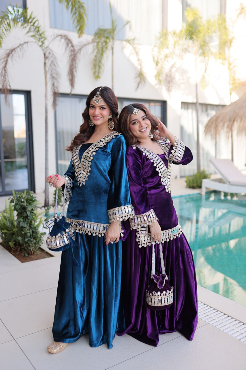 Velvet Mirror Work Kurti Plazzo Pair