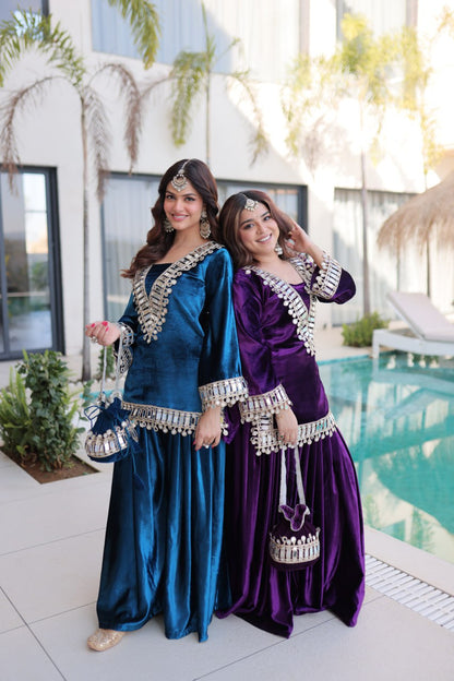 Velvet Mirror Work Kurti Plazzo Pair