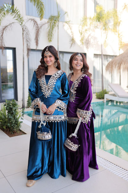 Velvet Mirror Work Kurti Plazzo Pair