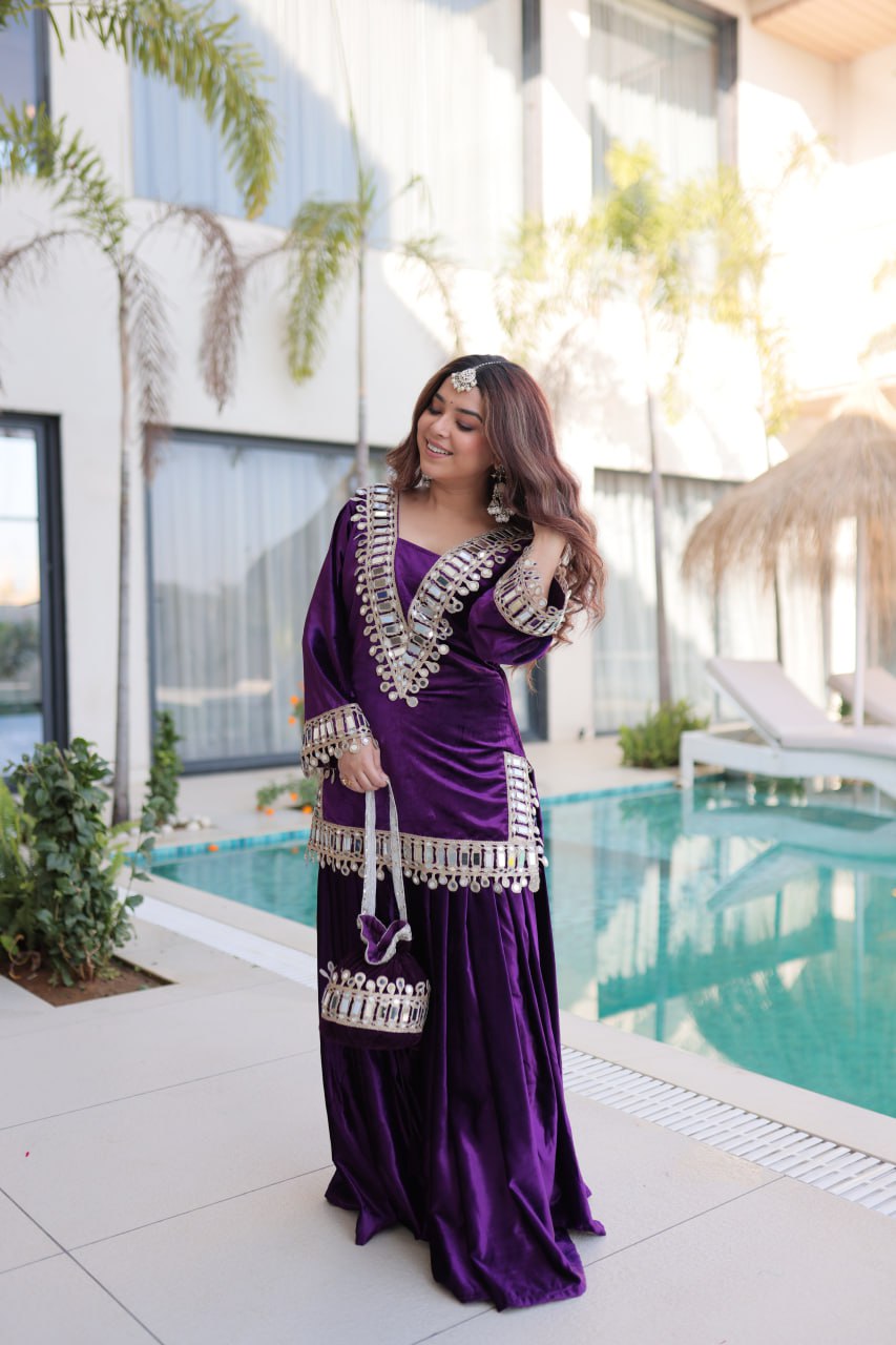 Velvet Mirror Work Kurti Plazzo Pair