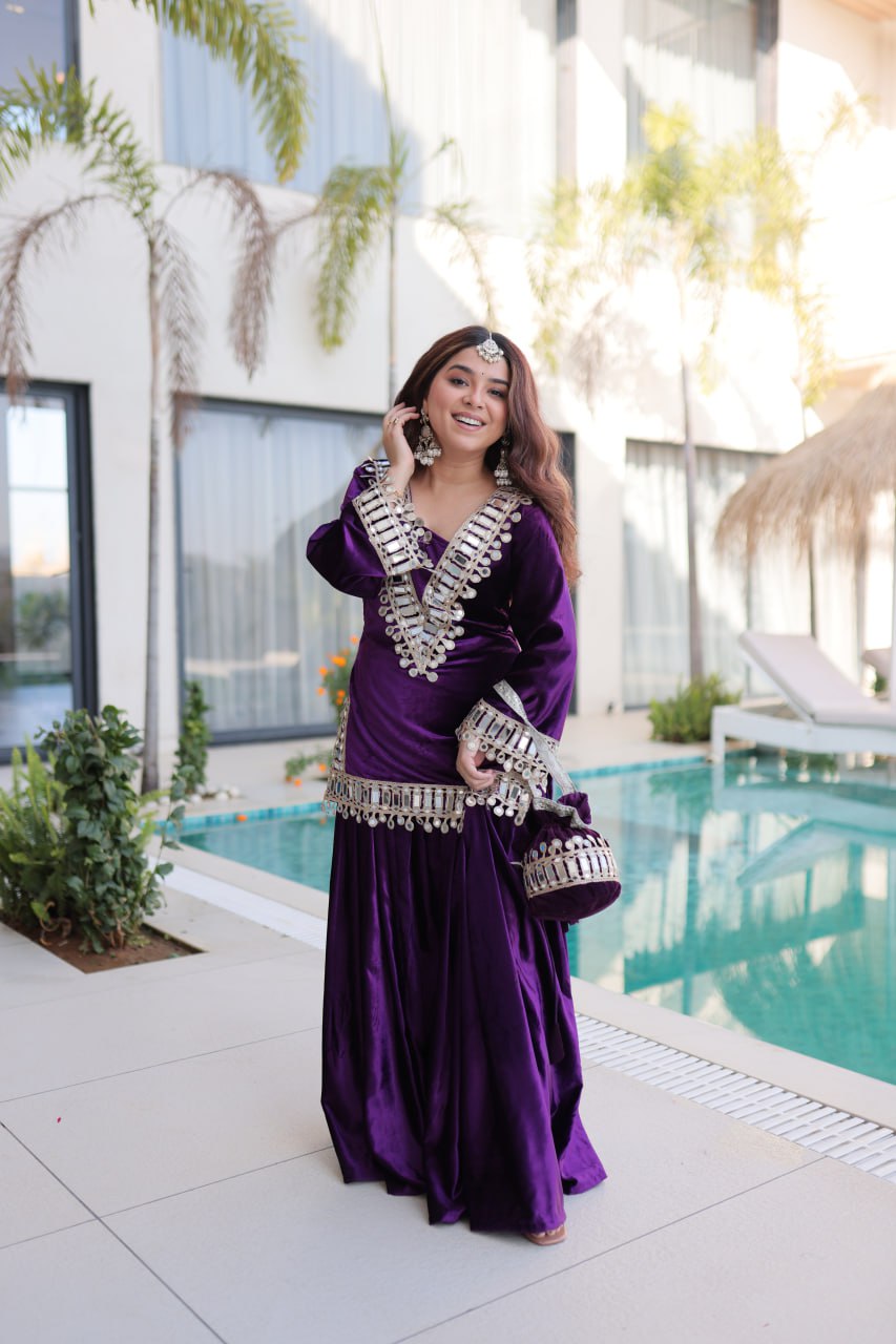 Velvet Mirror Work Kurti Plazzo Pair