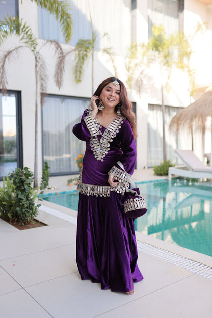 Velvet Mirror Work Kurti Plazzo Pair
