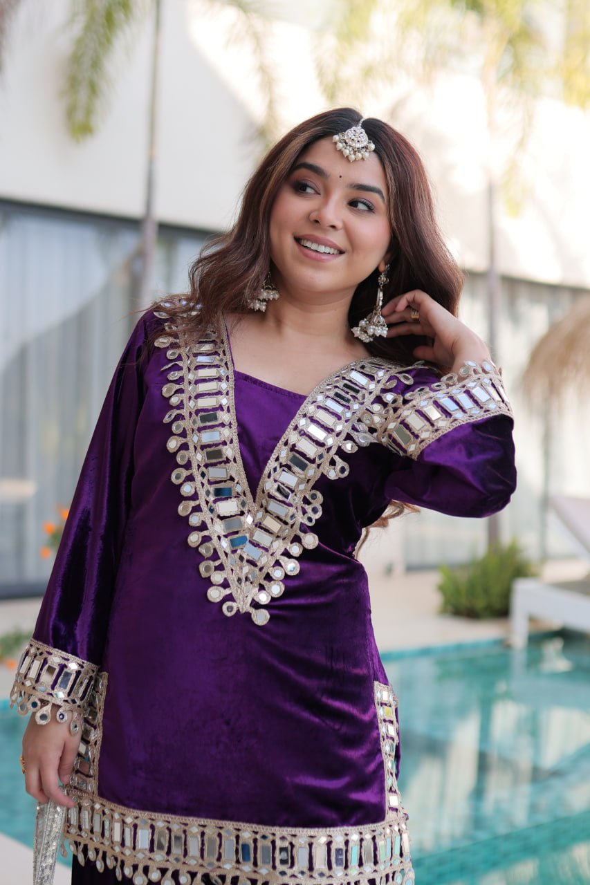 Velvet Mirror Work Kurti Plazzo Pair