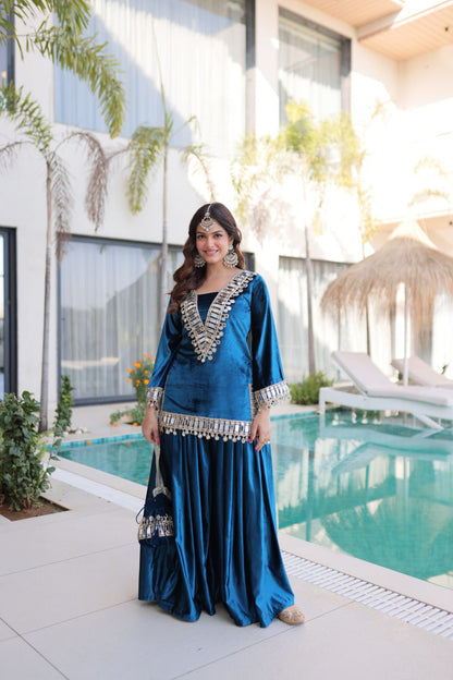 Velvet Mirror Work Kurti Plazzo Pair
