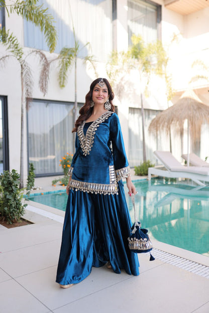 Velvet Mirror Work Kurti Plazzo Pair