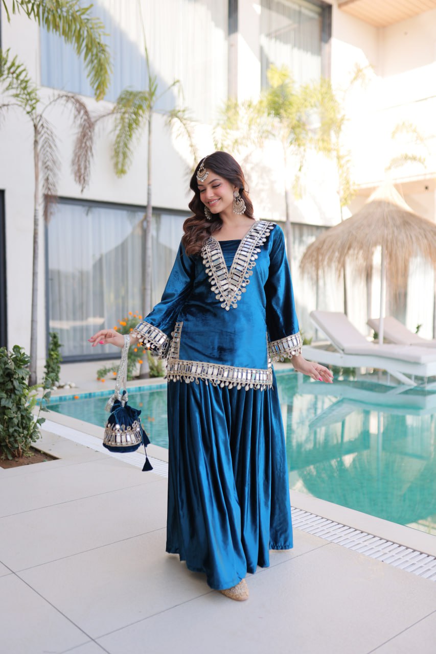 Velvet Mirror Work Kurti Plazzo Pair