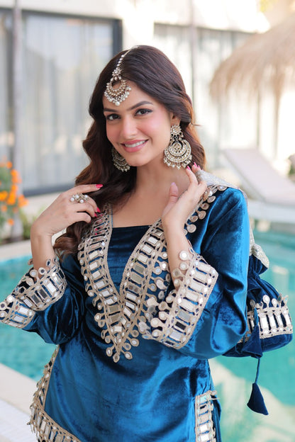 Velvet Mirror Work Kurti Plazzo Pair