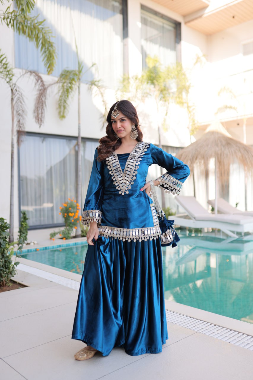 Velvet Mirror Work Kurti Plazzo Pair
