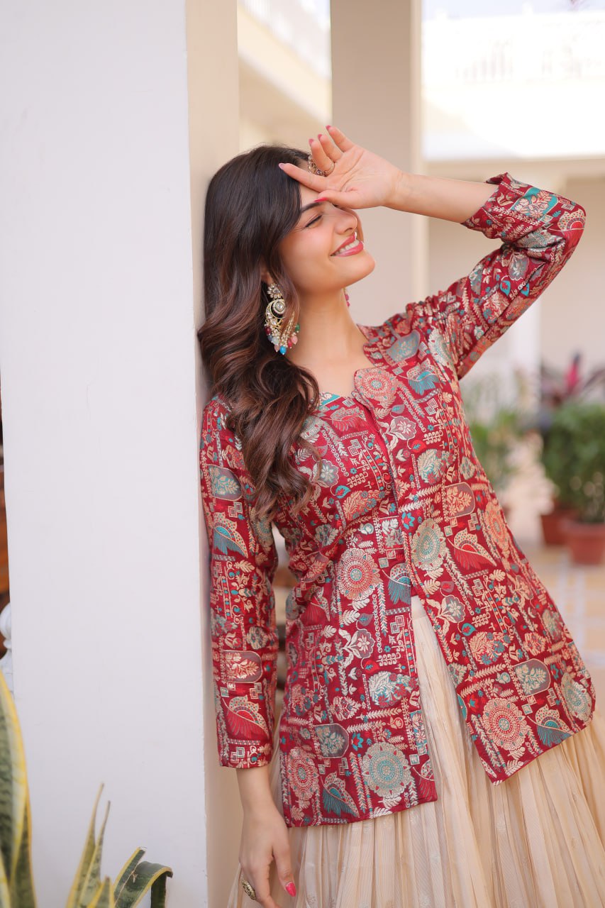Jequard Crop top with Lehenga