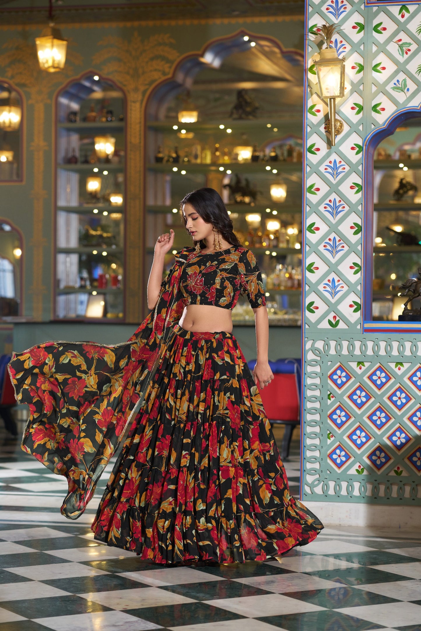 Vibrant Floral Marble Print Chaniya Choli