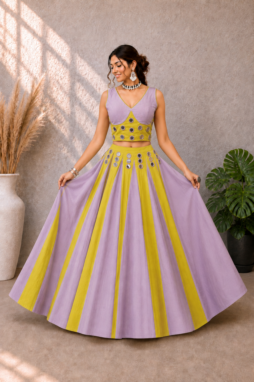 Handcrafted Mirror Work Yellow Lavender Festive Lehenga