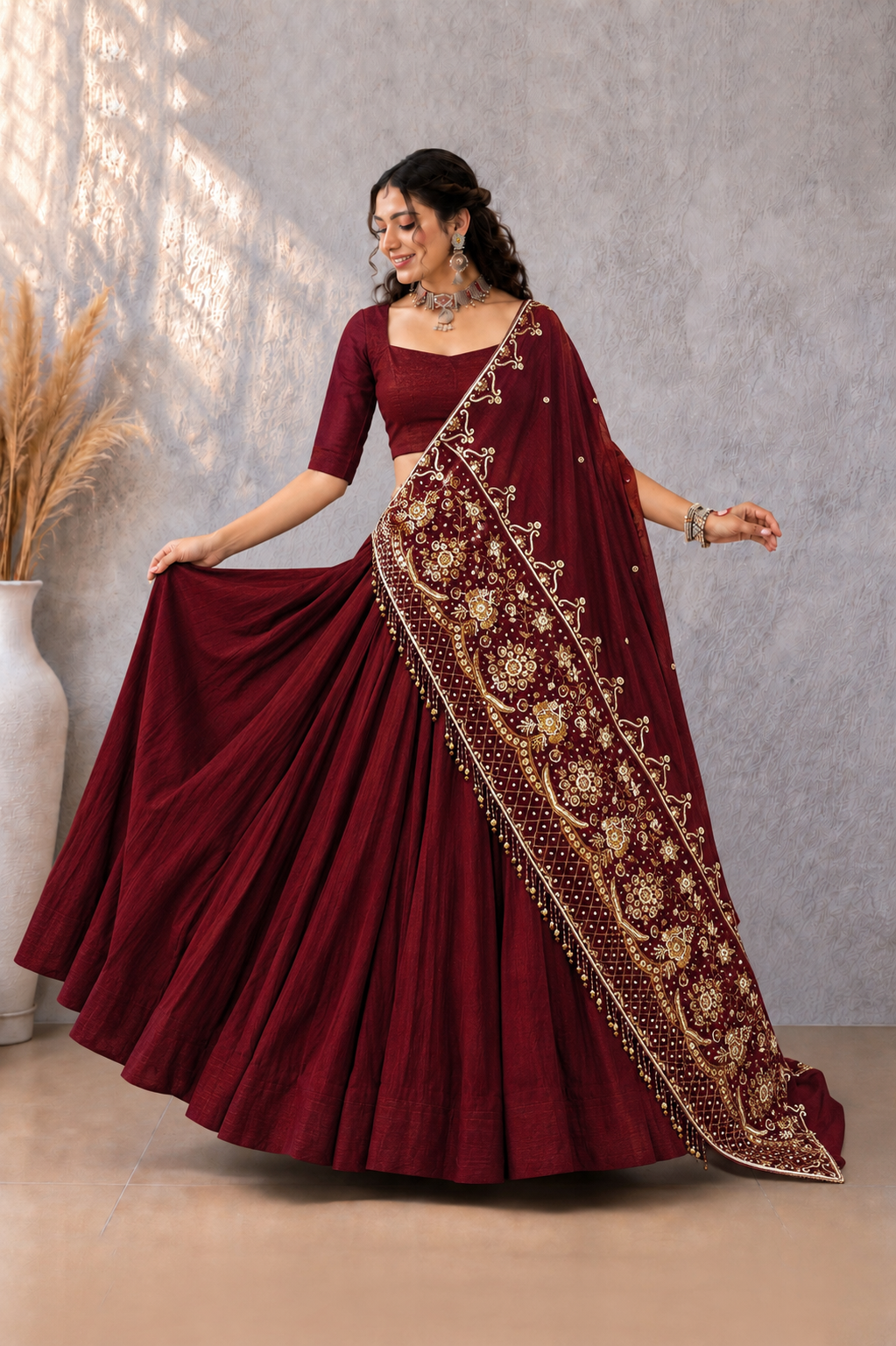 Regal Maroon Silk Lehenga Choli with Heavy Floral Embroidery
