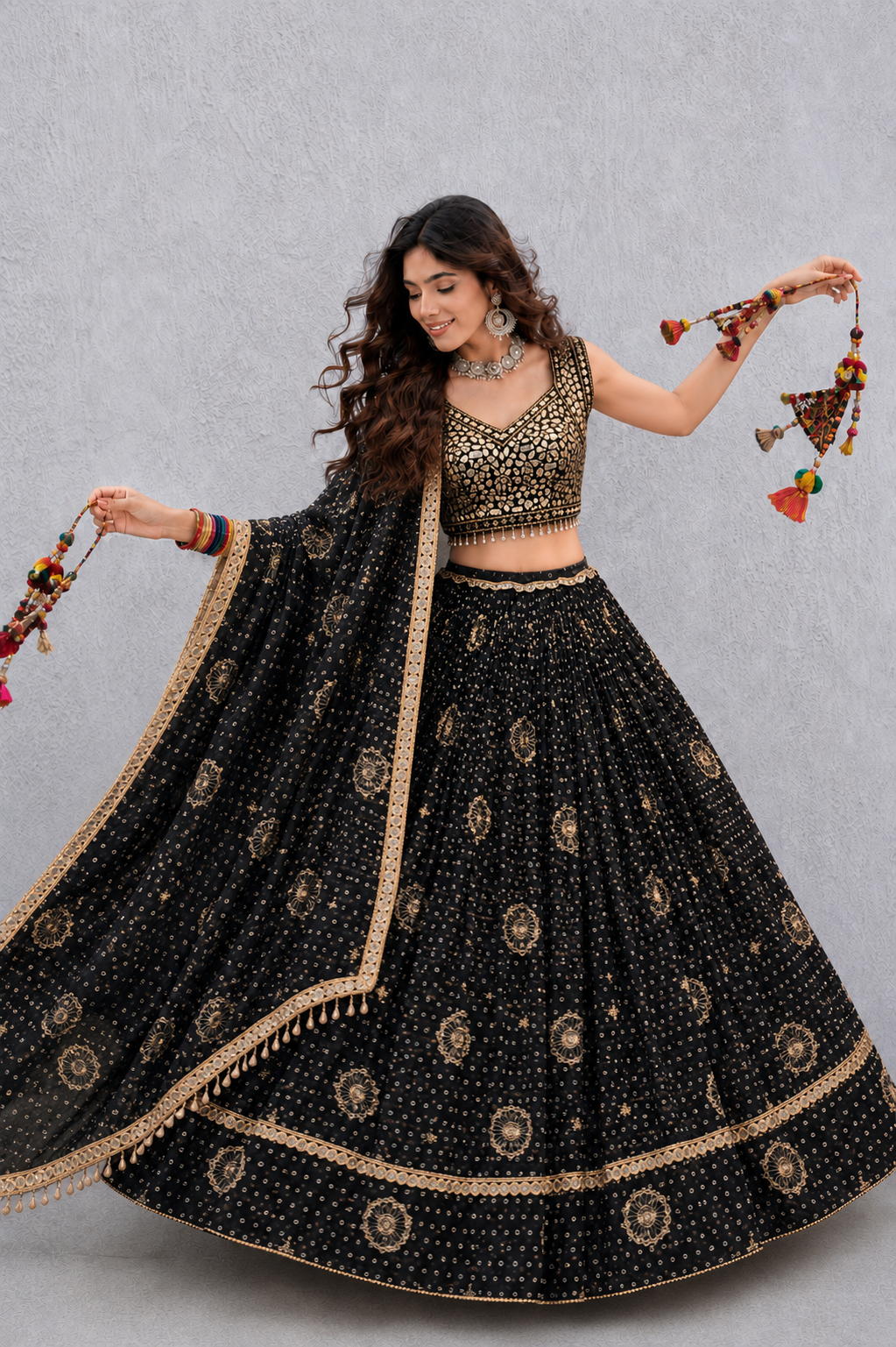 Bandhani with Hand Mirror Work Navratri Choli