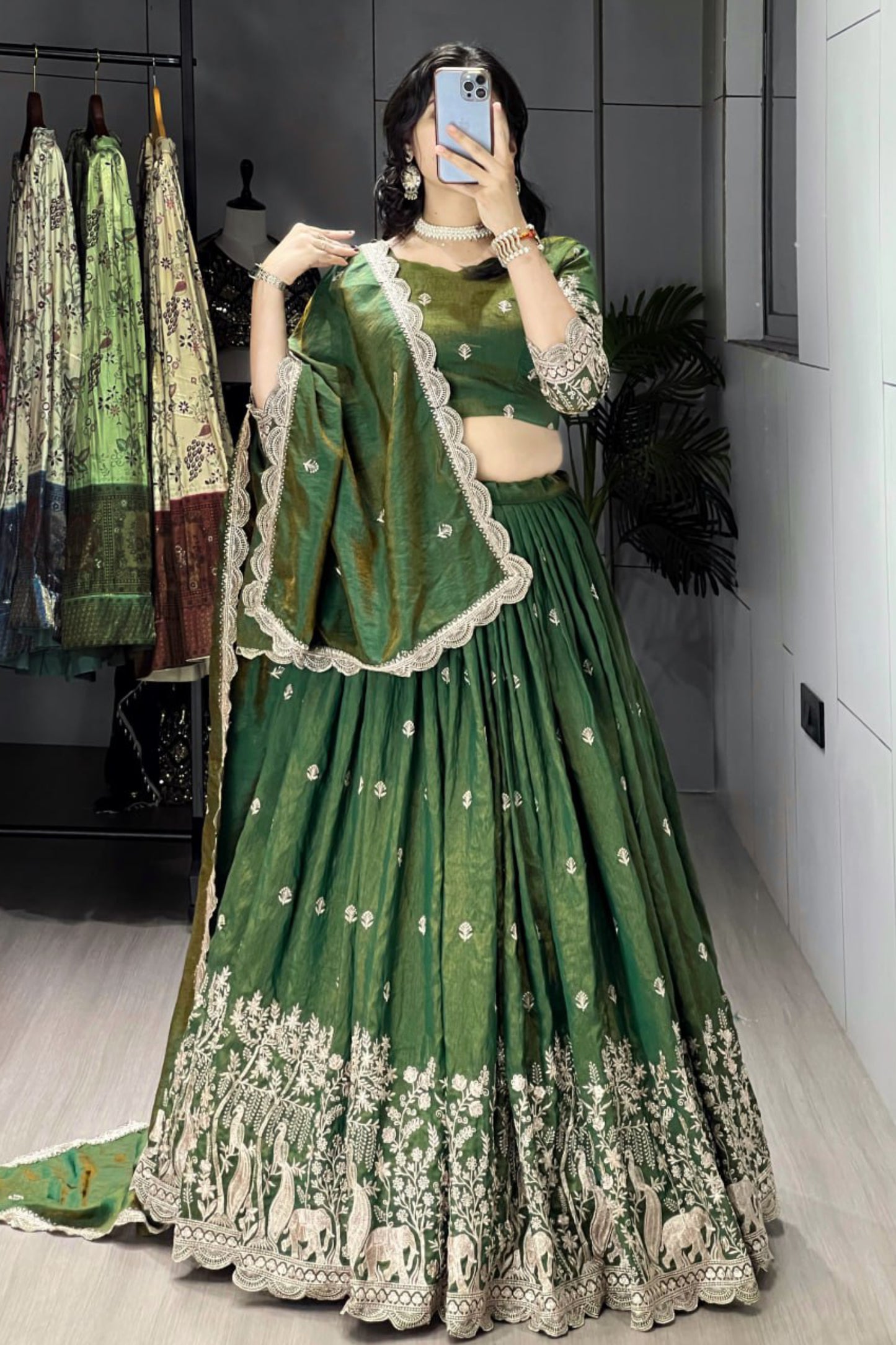 Classical Olive Green Embroidery Lehenga