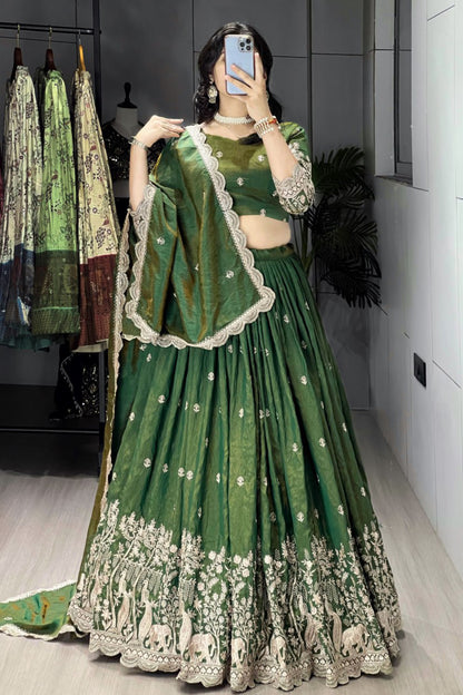 Classical Olive Green Embroidery Lehenga