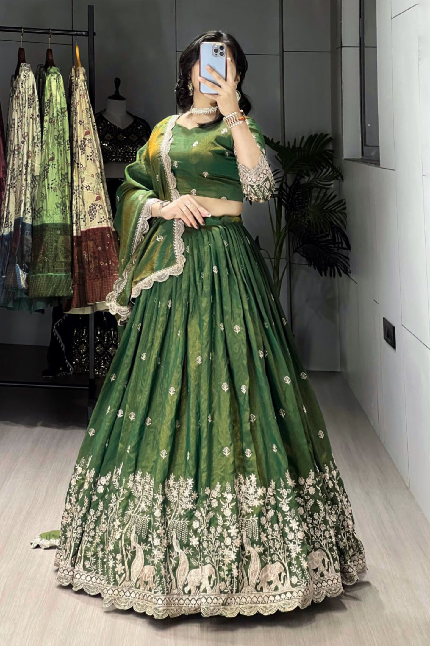 Classical Olive Green Embroidery Lehenga