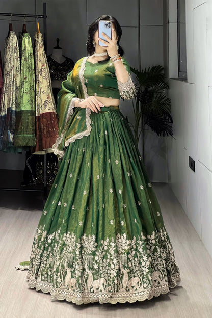 Classical Olive Green Embroidery Lehenga