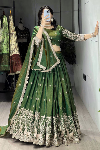 Classical Olive Green Embroidery Lehenga