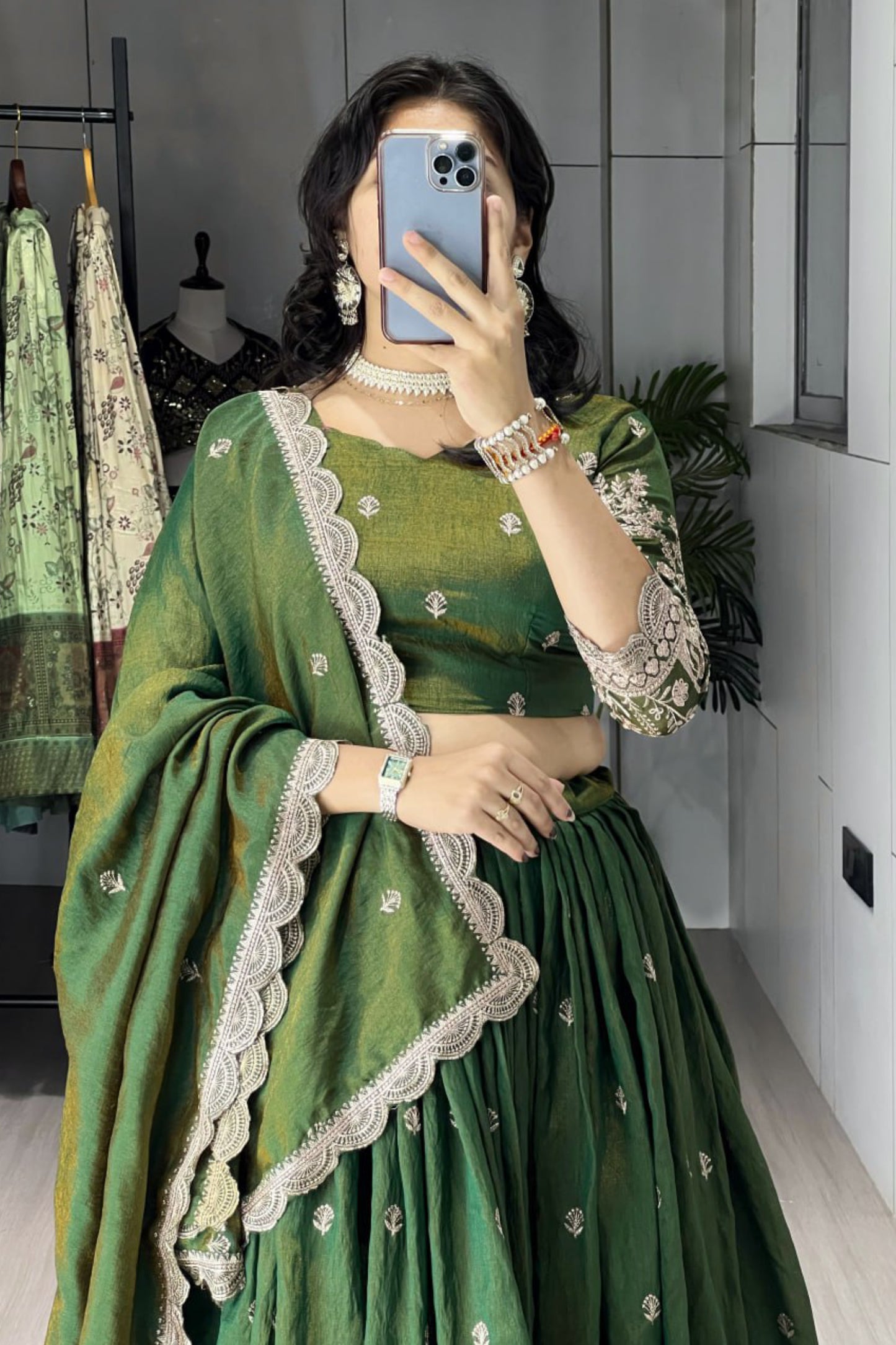 Classical Olive Green Embroidery Lehenga