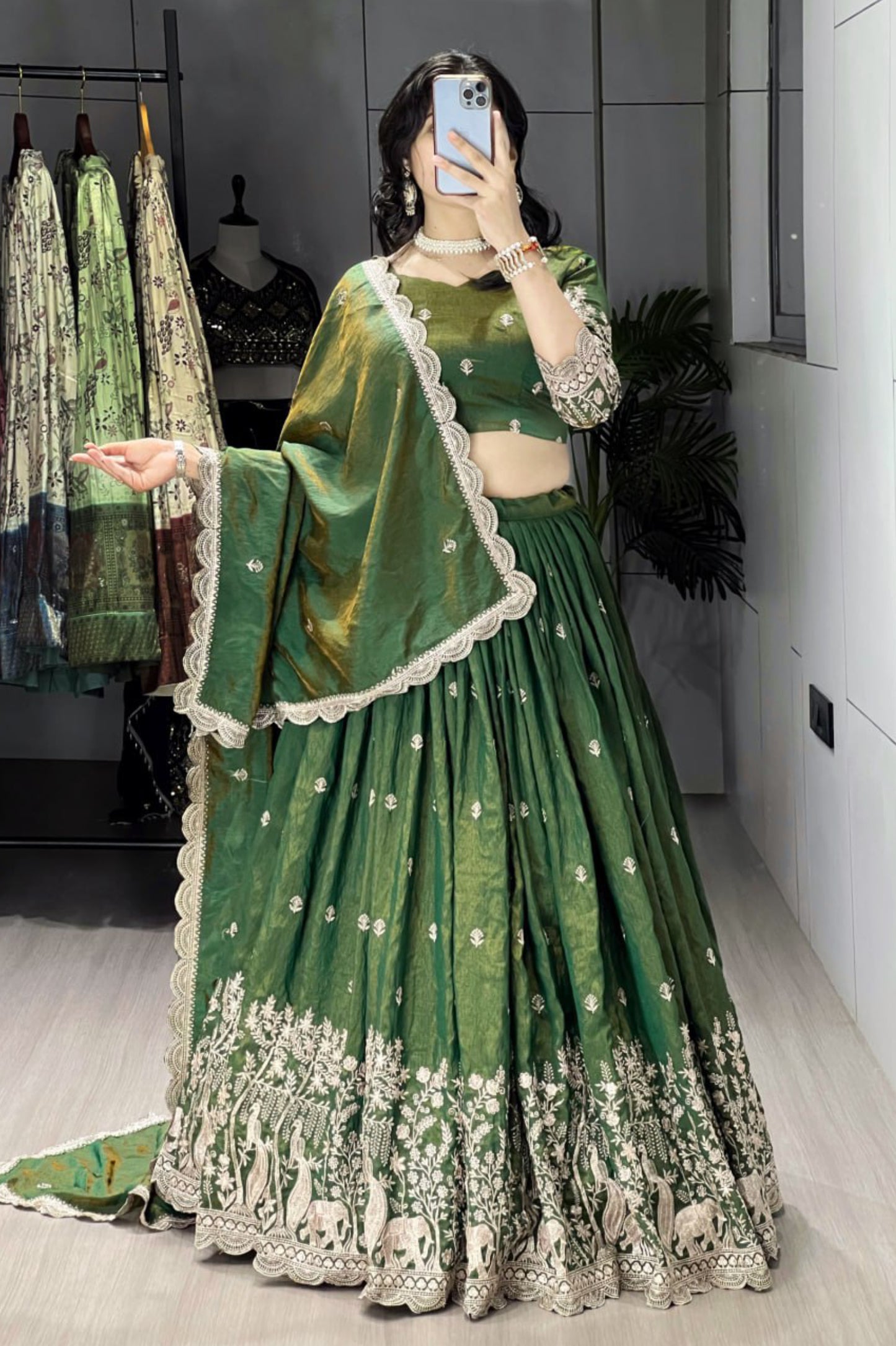 Classical Olive Green Embroidery Lehenga