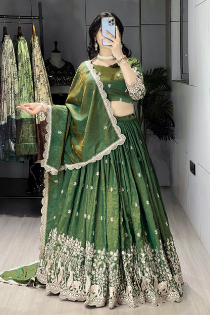Classical Olive Green Embroidery Lehenga