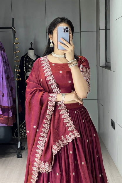 Classical Burgandy Embroidery Lehenga