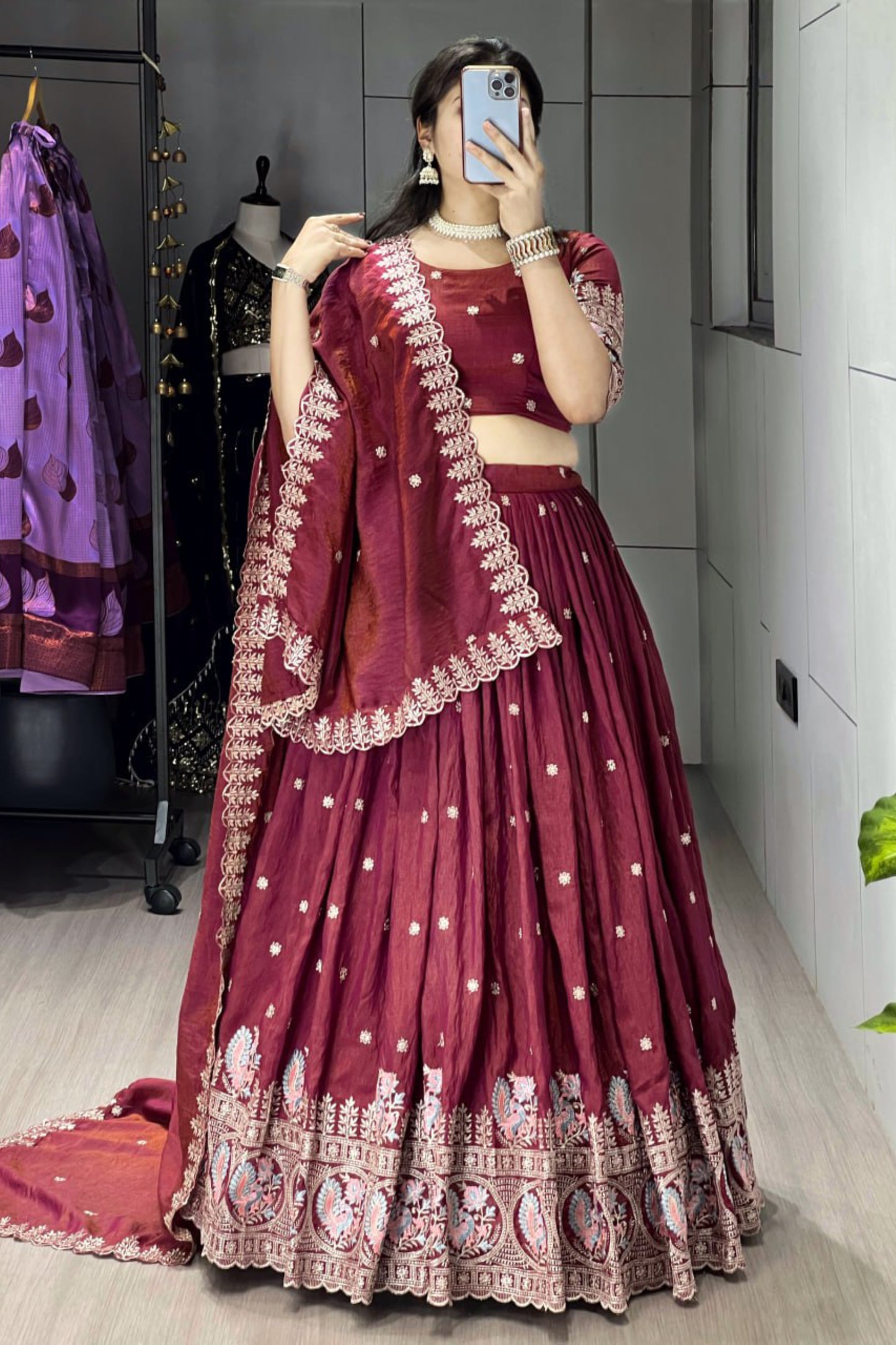 Classical Burgandy Embroidery Lehenga
