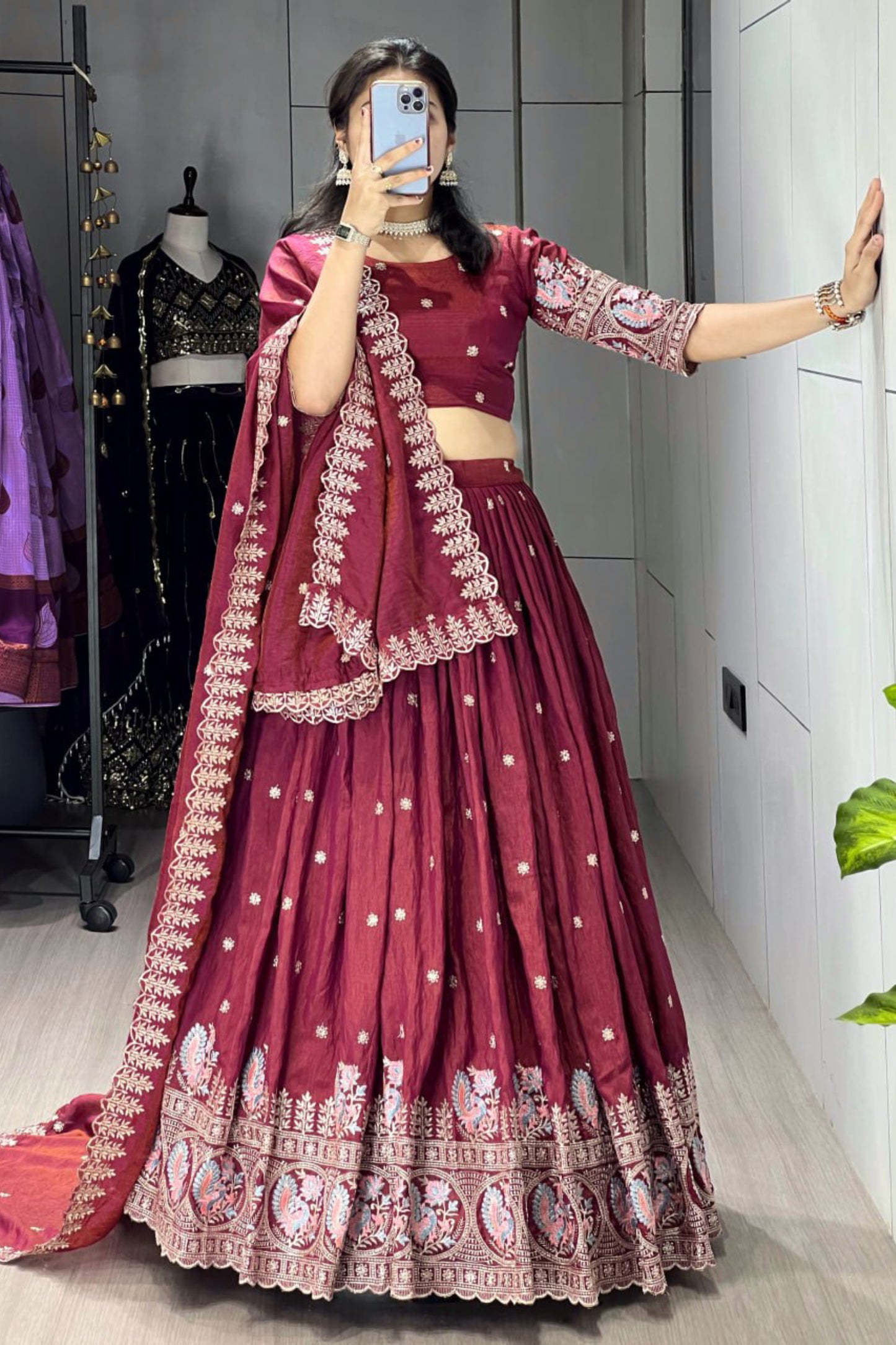 Classical Burgandy Embroidery Lehenga