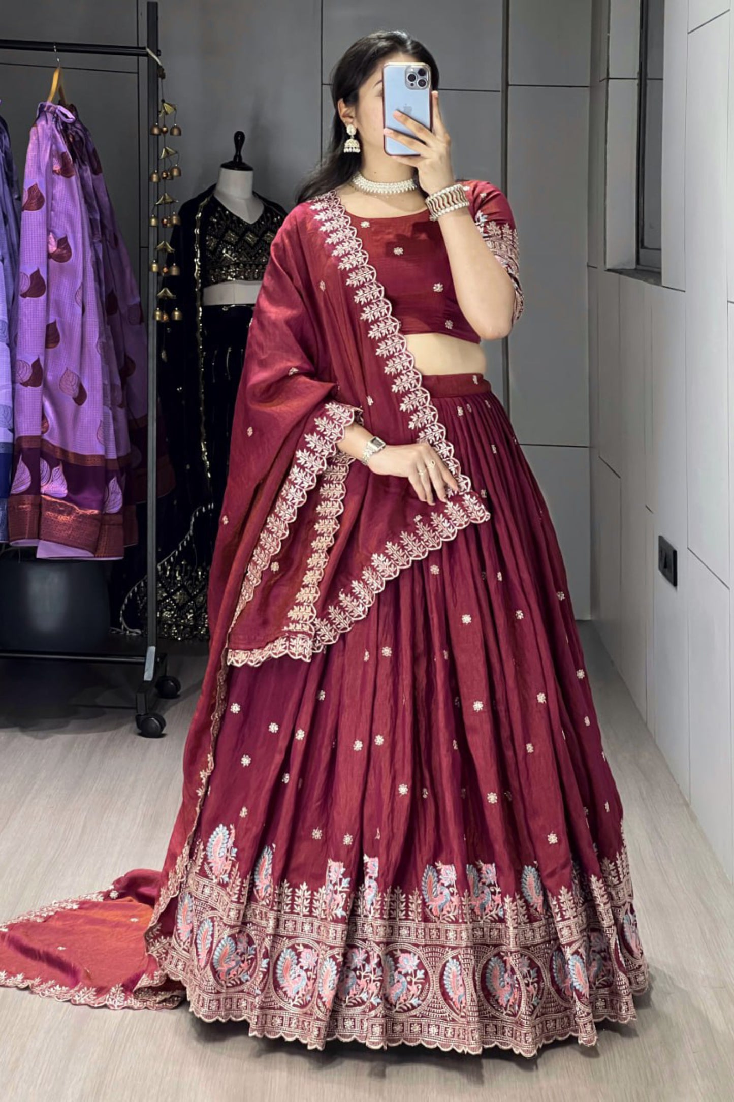 Classical Burgandy Embroidery Lehenga
