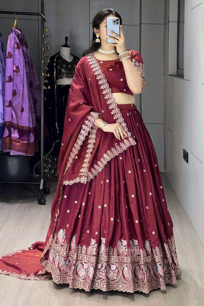 Classical Burgandy Embroidery Lehenga