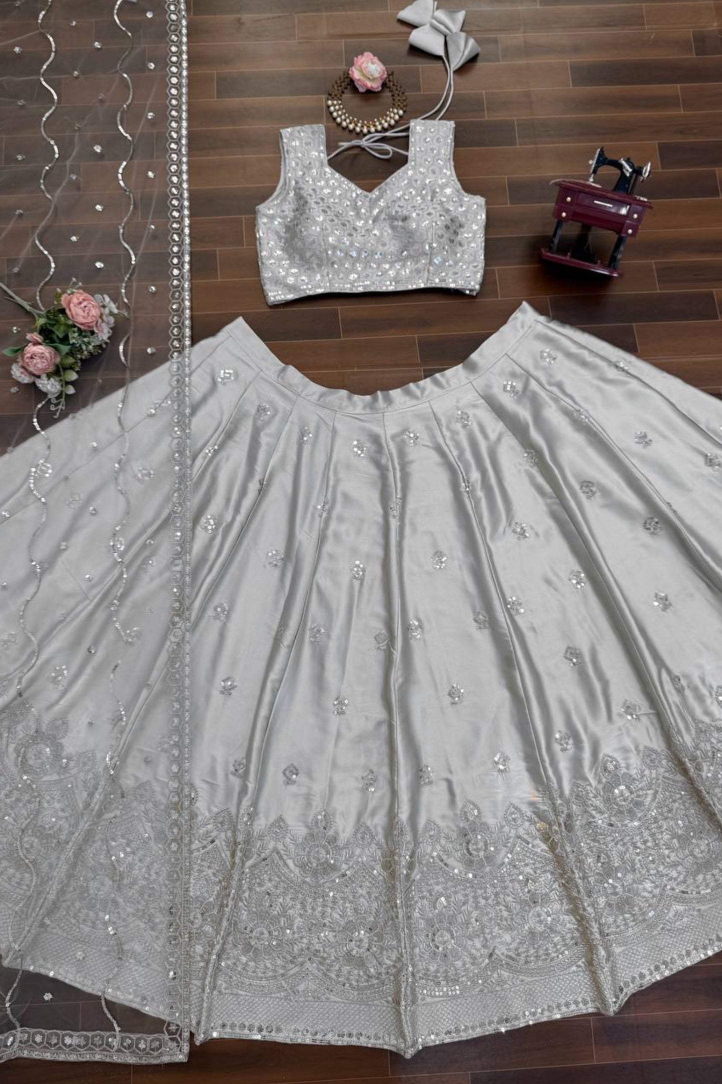 Elegant Silver Grey Designer Lehenga Choli Set
