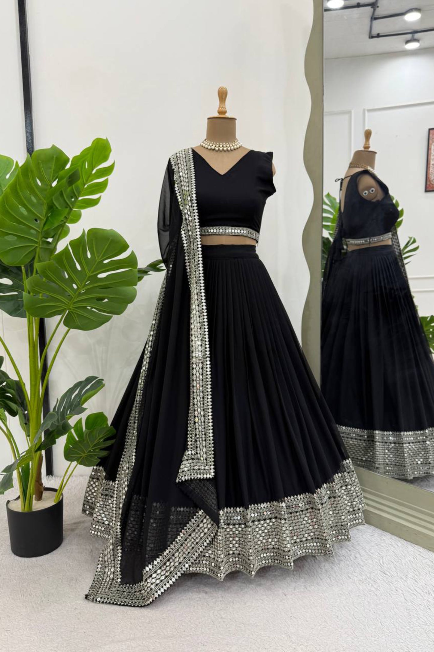 Black Embroidered Georgette Lehenga Set