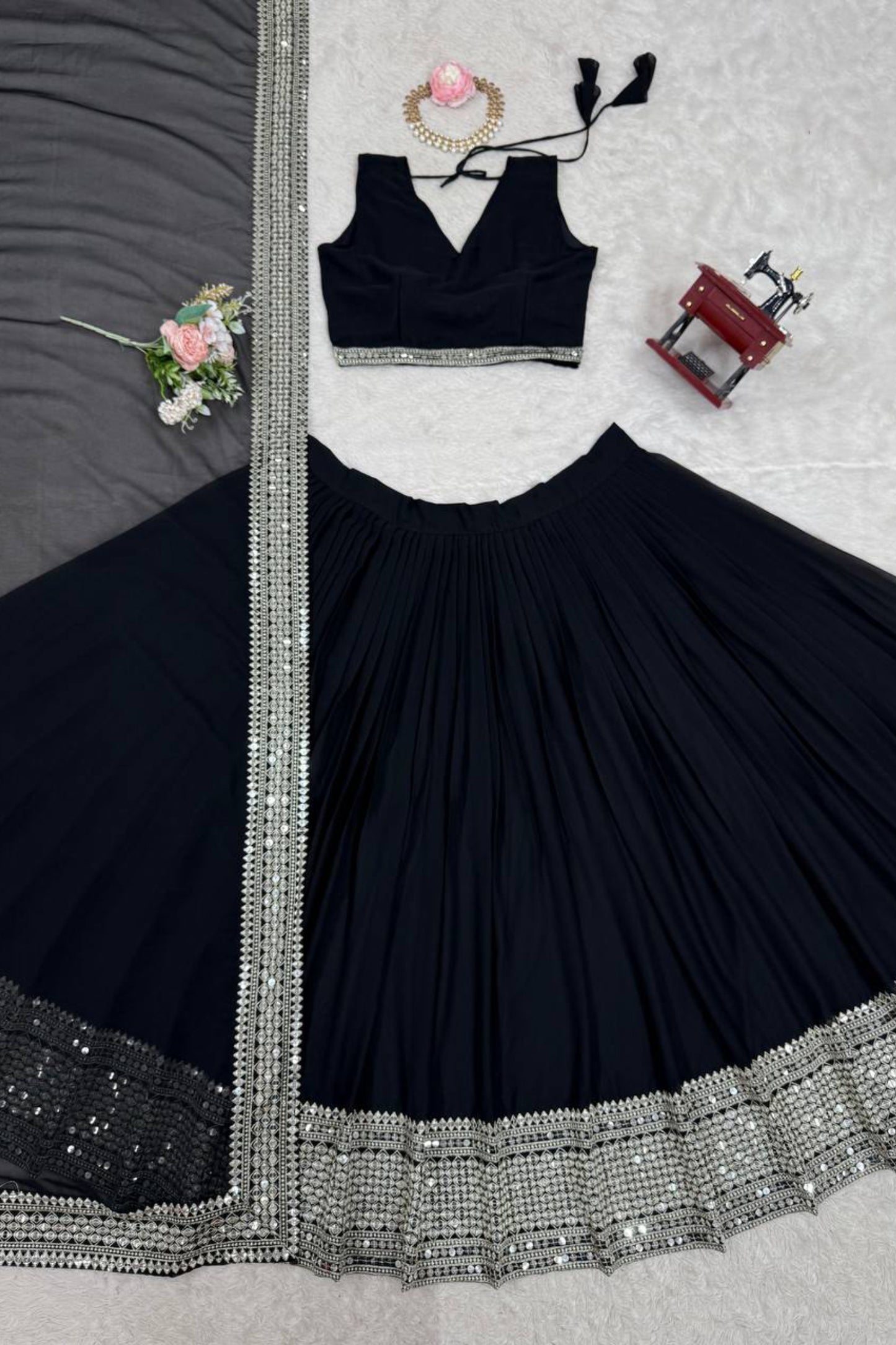 Black Embroidered Georgette Lehenga Set