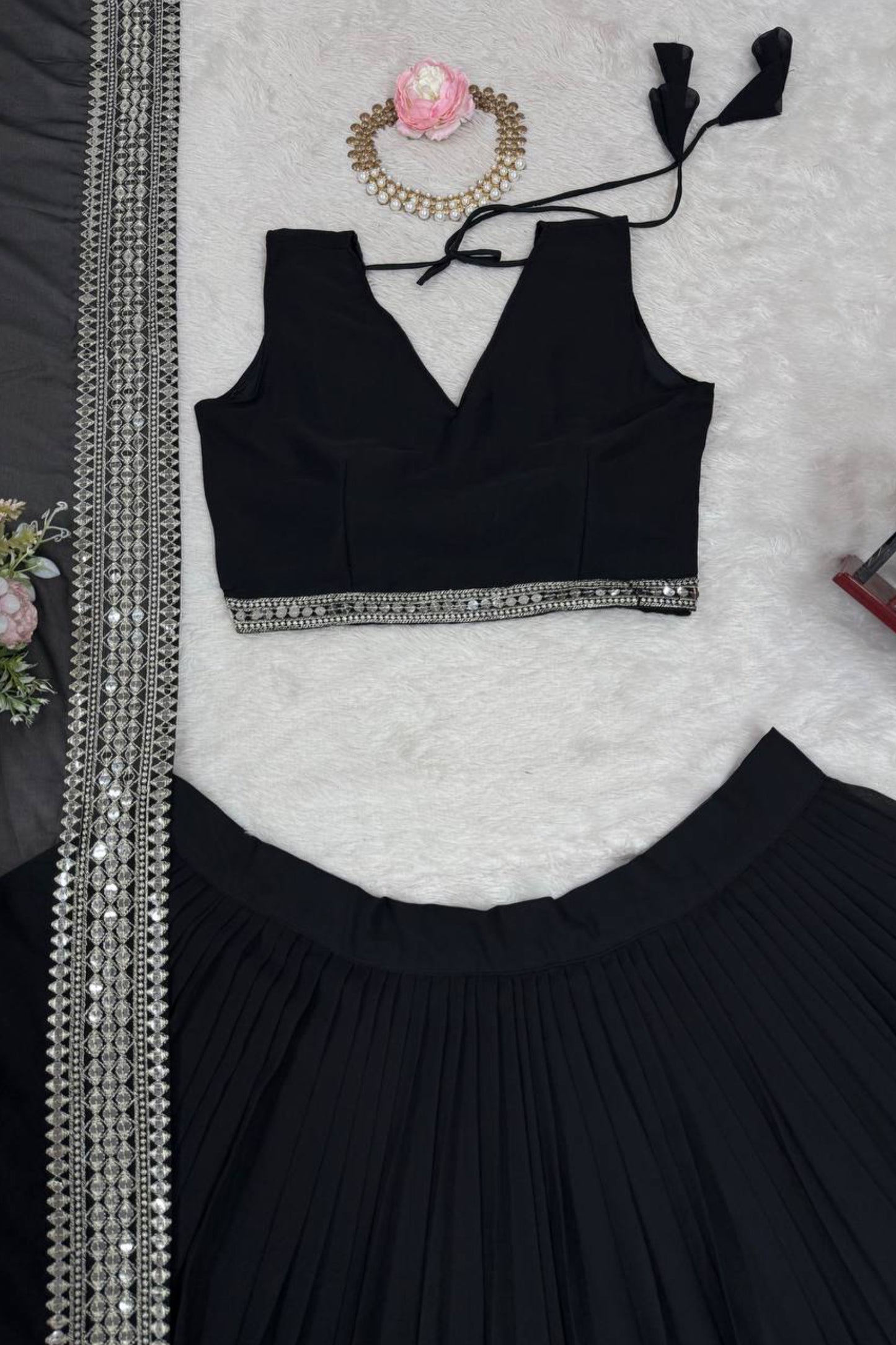 Black Embroidered Georgette Lehenga Set